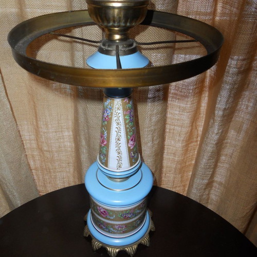 Sevres style Bleu Celeste table lamp used, ceramic and bronze