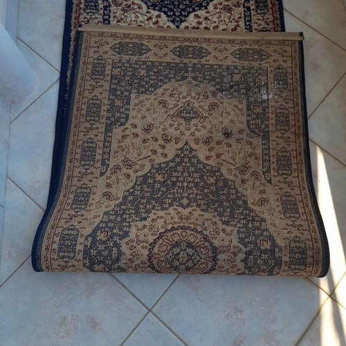 Rug set used, 3 pieces, blue beige with burgundy, thick pile