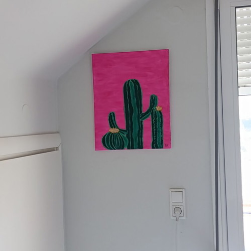 Painting with cactuses pink green medium size new