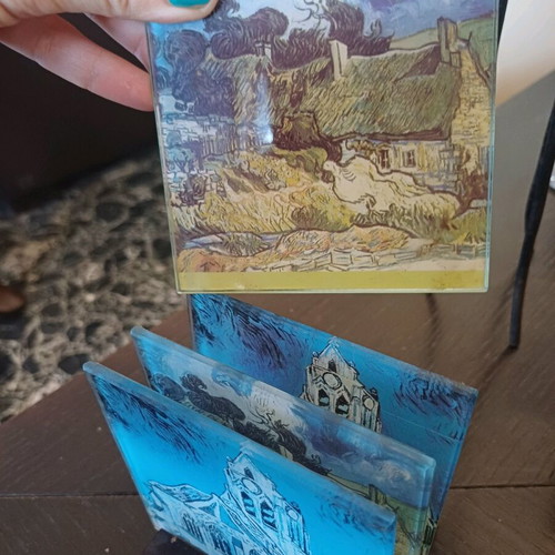 Set of 4 Vincent van Gogh Glass Coasters with Wooden Base – Collectible Art Coasters