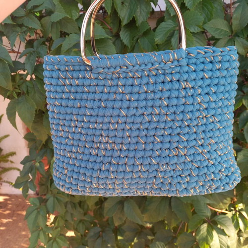 Handmade tulle bag in turquoise with gold handles