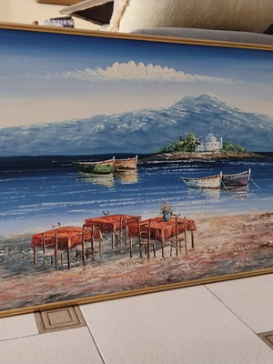 Μεγάλος χειροποίητος πίνακας ζωγραφικής σε καμβά με θαλασσινό τοπίο και βάρκες σαν καινούργιος