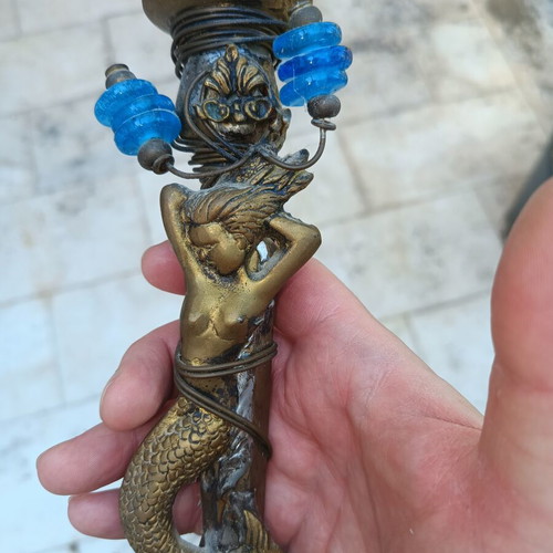 Vintage Greek Handmade Bronze Candlestick "Mermaid" with Blown Glass