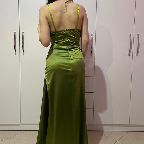 Satin dress green XS new with draped bust and slit