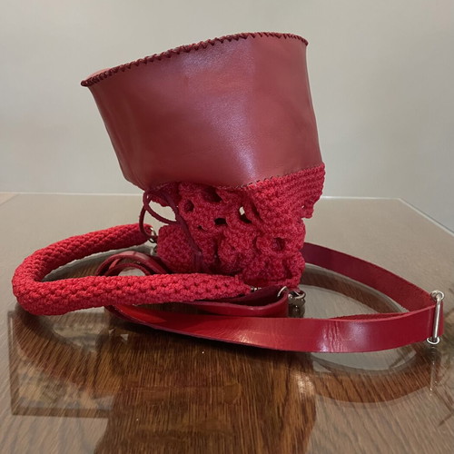 Handmade red leather and knitted pouch shoulder bag