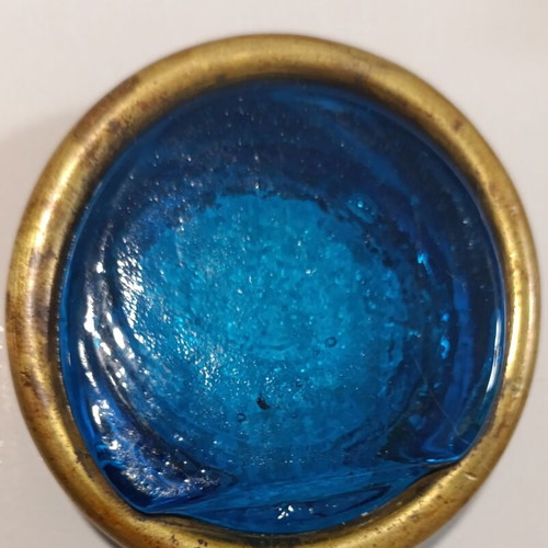 Handmade glass ashtray in sea color with metal, like new