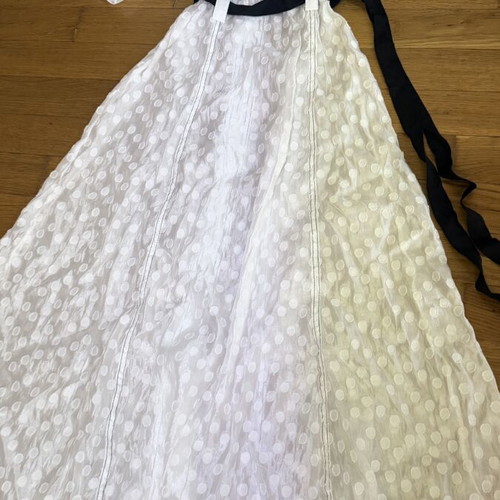 Midi dress S like new, white with puff sleeves and black waist ties