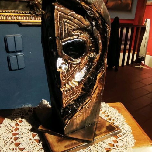 Handmade wooden carved table lamp skull with led lighting