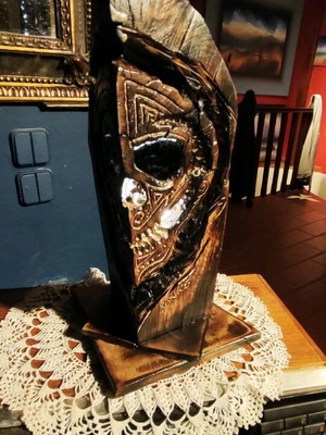 Handmade wooden carved table lamp skull with led lighting