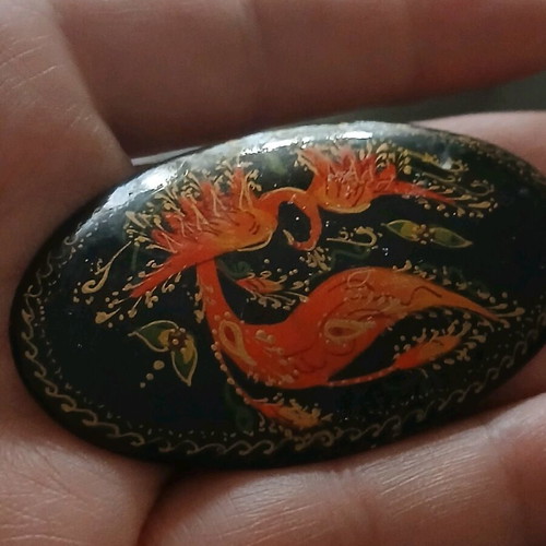 Handmade Russian brooch painted with signature on lacquer like new
