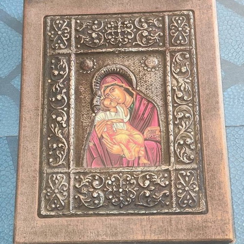Handmade Virgin Mary icon used on canvas with 950 silver frame and wood