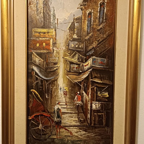 Oil painting used titled "Neighborhood in Asia" 46x77cm