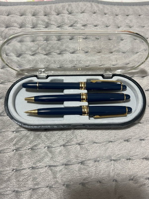 Writing set unused with pen, fountain pen and mechanical pencil in blue case