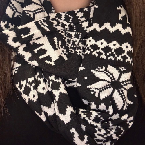 Loop scarf like new, black and white Christmas thin fabric