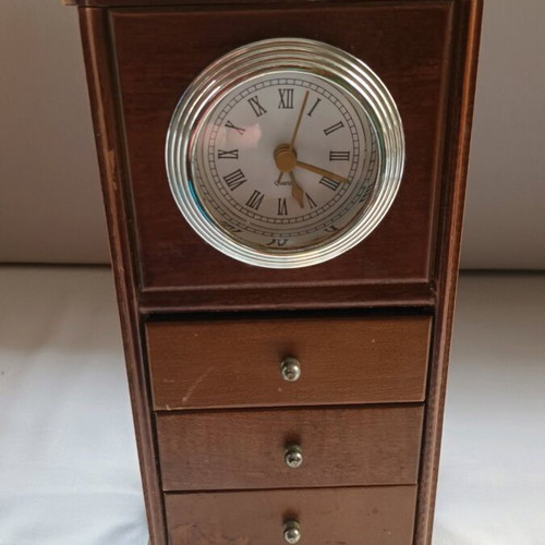 Wooden jewelry box with clock used, brown