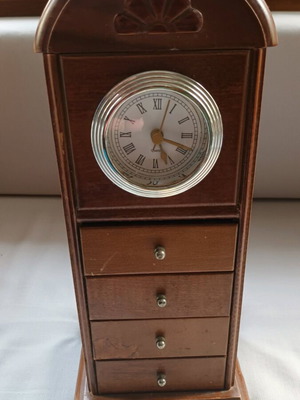 Wooden jewelry box with clock used, brown