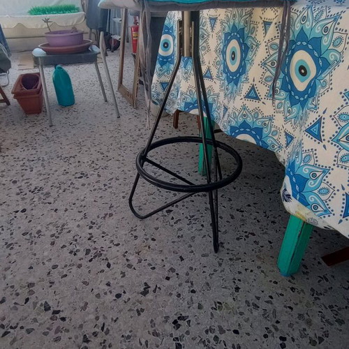 Handmade bar table like new with OSB wood surface and colorful inlays