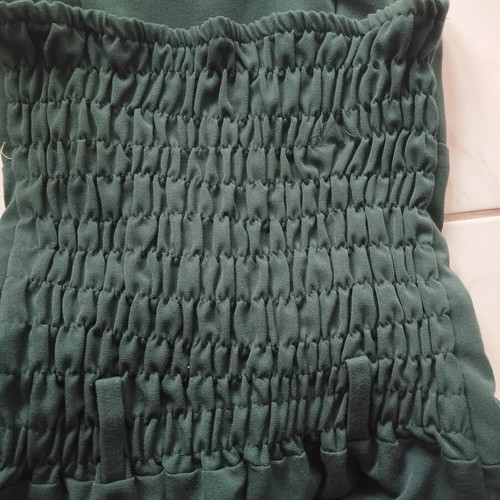Strapless jumpsuit dark green with smocking and elastic legs, used, size S