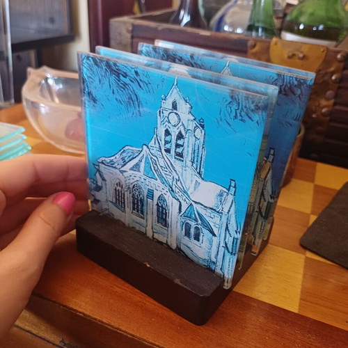 Set of 4 Vincent van Gogh Glass Coasters with Wooden Base – Collectible Art Coasters