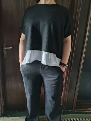 Set of blouse, pants and espadrilles like new, black and beige