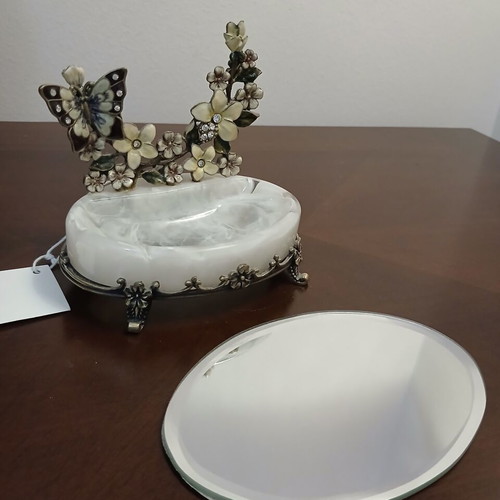 Brass jewelry box with mirror and enamel floral butterfly design