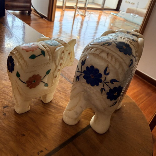 Pair of vintage Indian marble elephants with inlaid flowers