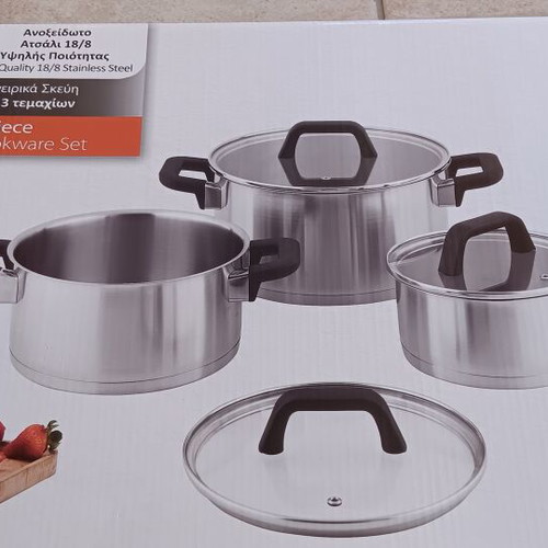 Stainless Steel Cookware Set 3 Pieces with Glass Lids, New