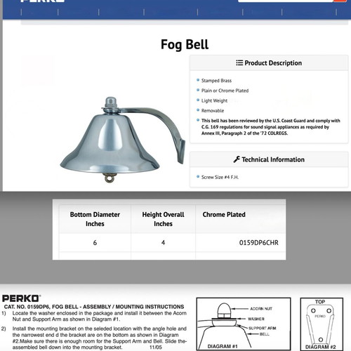 Perko 6" Chrome Plated Brass Fog Bell Removable New