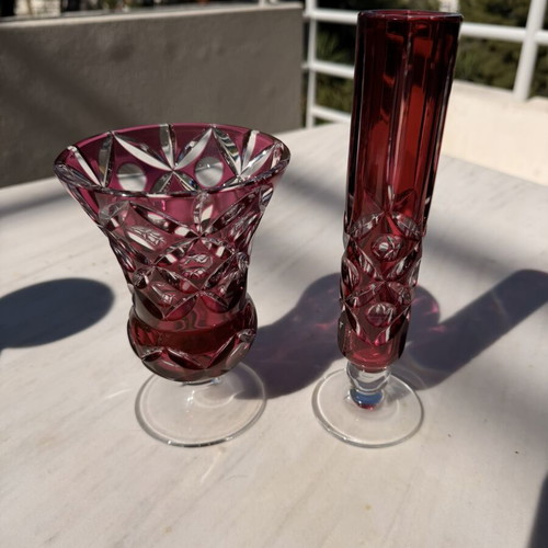 Vintage Ruby Red Overlay Crystal Vase Set like new