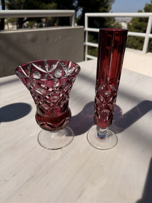 Vintage Ruby Red Overlay Crystal Vase Set like new