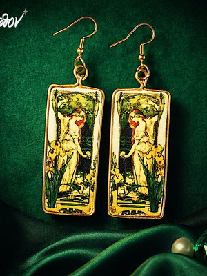 Art Nouveau earrings new with "Water flowers" theme, multicolored gold-tone