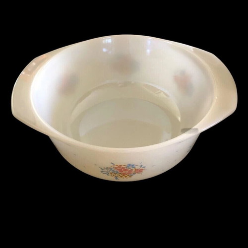 White serving dishes used, oval with lid and large bowl with floral design