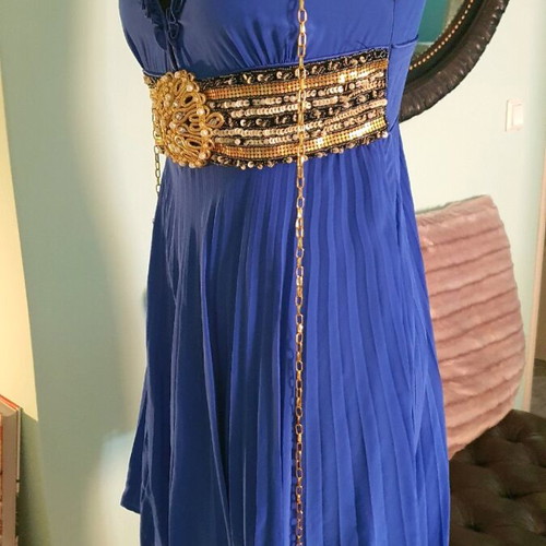 Women's dress like new, electric blue with gold designs and embroidered belt