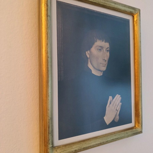 Framed painting Catholic monk praying with wooden frame and gold leaf like new