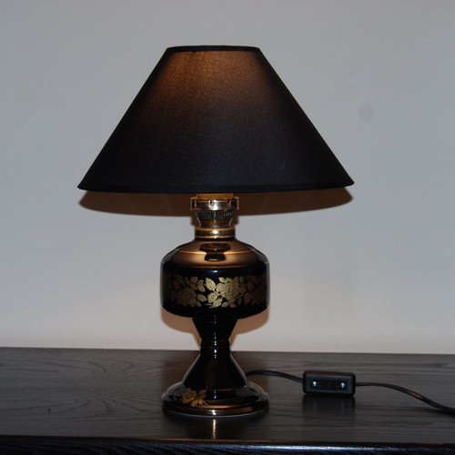 Handmade vintage black ceramic oil lamp portatif with gold designs