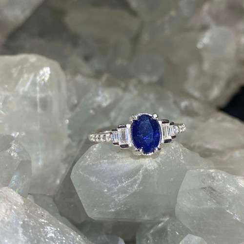 Handmade silver ring with natural blue sapphire and moissanites, size 17mm
