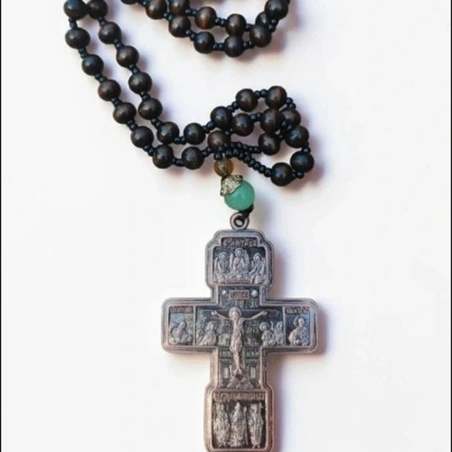 Ornate cross with wooden beads new, brown