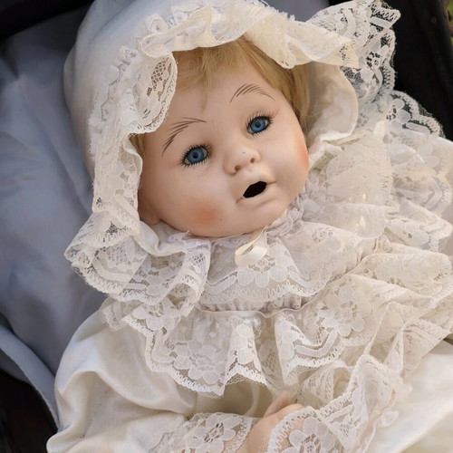 Antique collector rattan stroller set with porcelain doll used