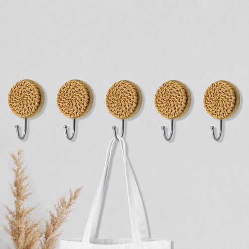 Morobor wooden self-adhesive hooks with rattan design, set of 5