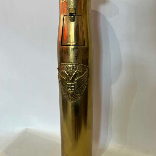 Antique handmade brass floor ashtray from shell with emblem 70x12