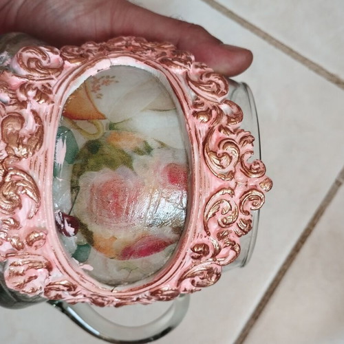 Decoupage glass vase with rose designs, like new