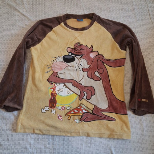 Adult pajamas with Taz Looney Tunes print, like new, brown and yellow velvet
