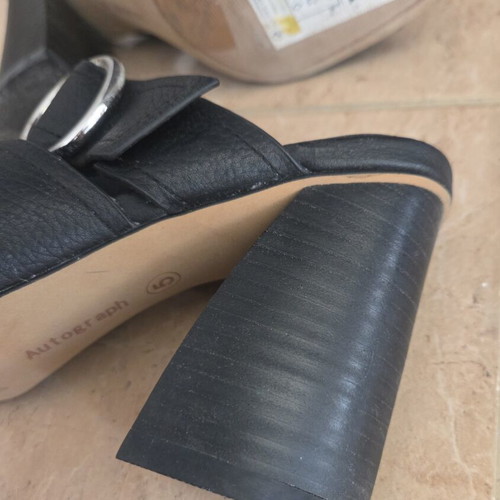 Autograph Black Leather Mules Block Heel Cross Strap Sandals