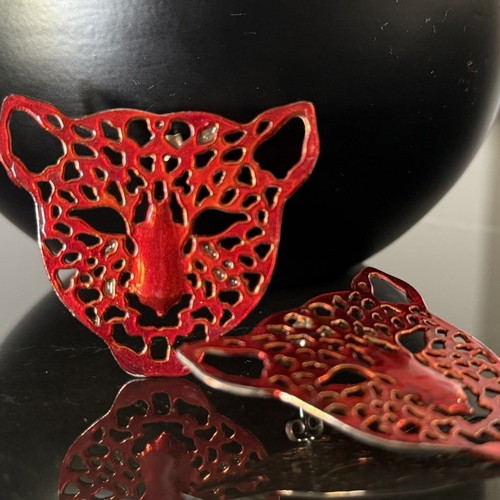 Silver leopard earrings with red enamel by Katerina Gazepis like new