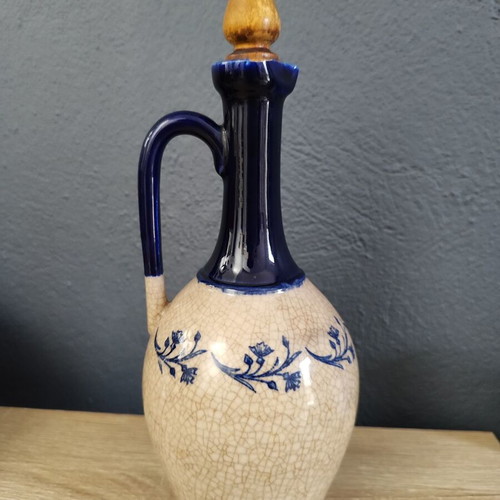 Vintage ceramic jug carafe used, blue-beige with wooden stopper