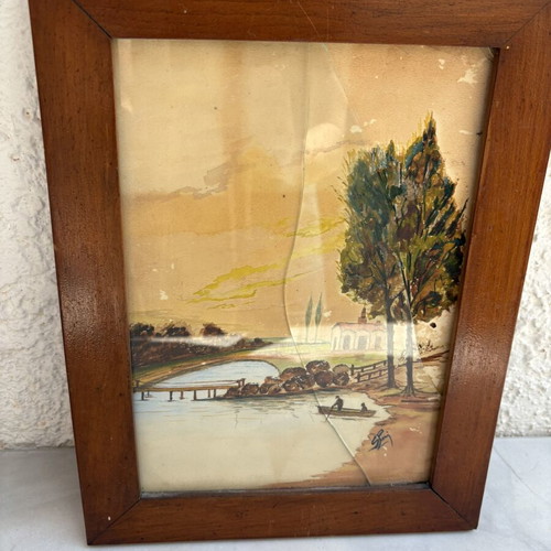 Vintage painting with wooden frame used, landscape with lake and boat