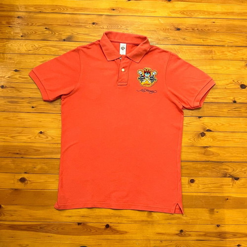 Ed Hardy men's orange polo shirt used with skull backprint
