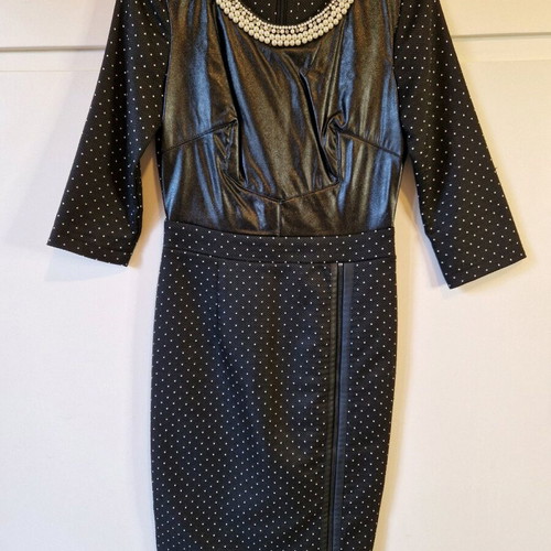 Black polka dot dress like new with leather details and pearls, size S