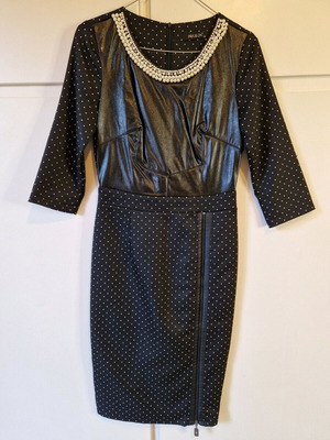 Black polka dot dress like new with leather details and pearls, size S