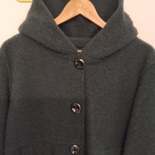 Wool coat in cypress color with oversized hood, used